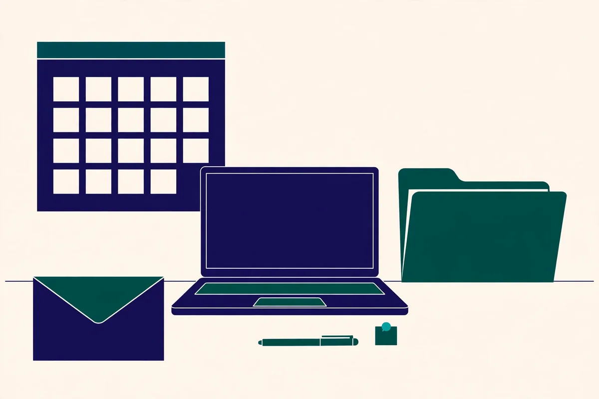 Illustration of a laptop, envelope, folder, and calendar arranged on a desk